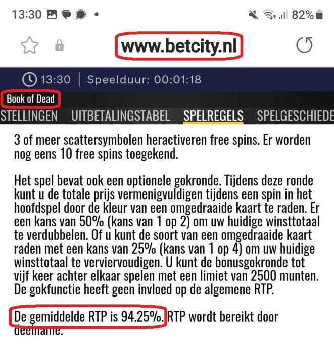 verlaagde rtp van book of dead van Betcity